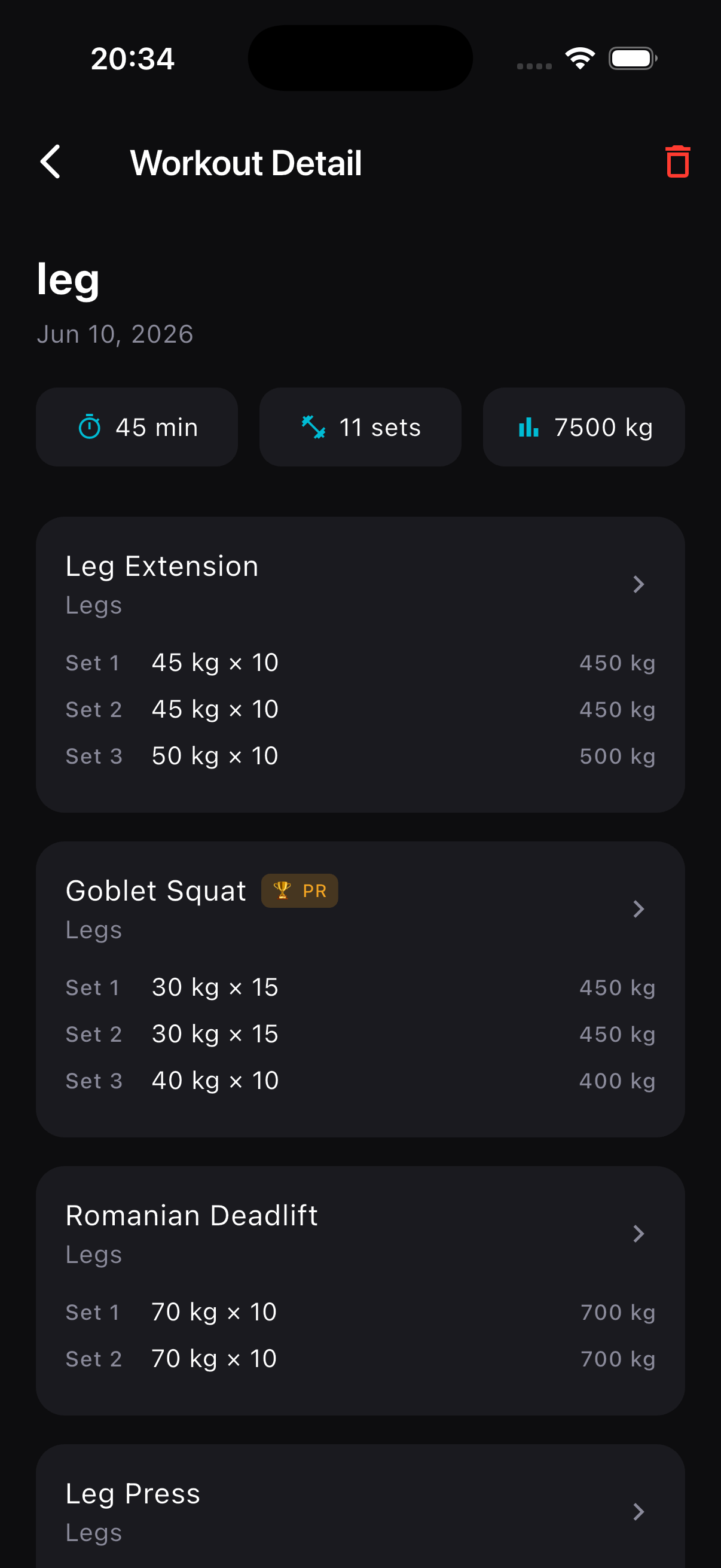 Workout detail with PR badge