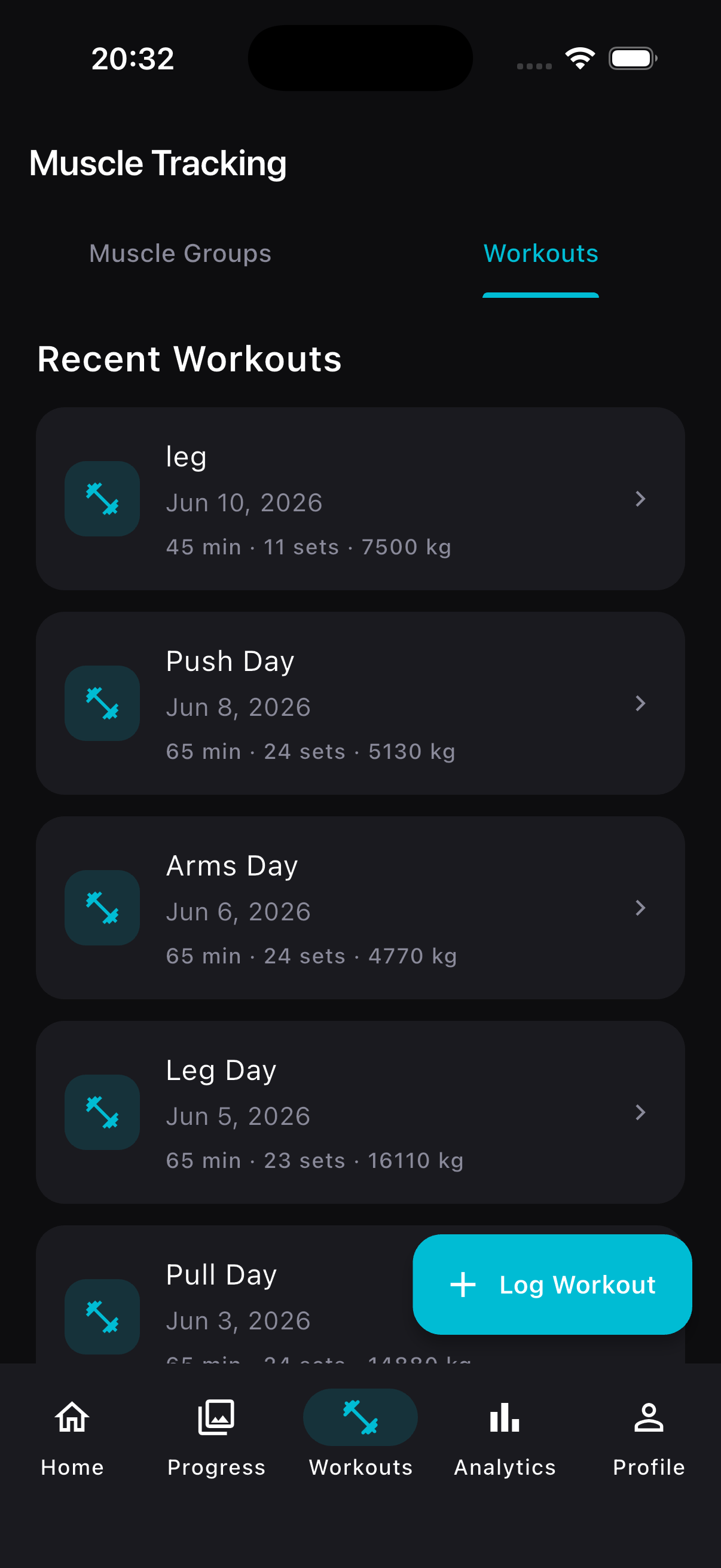 Workout list — Push Day, Pull Day, Leg Day