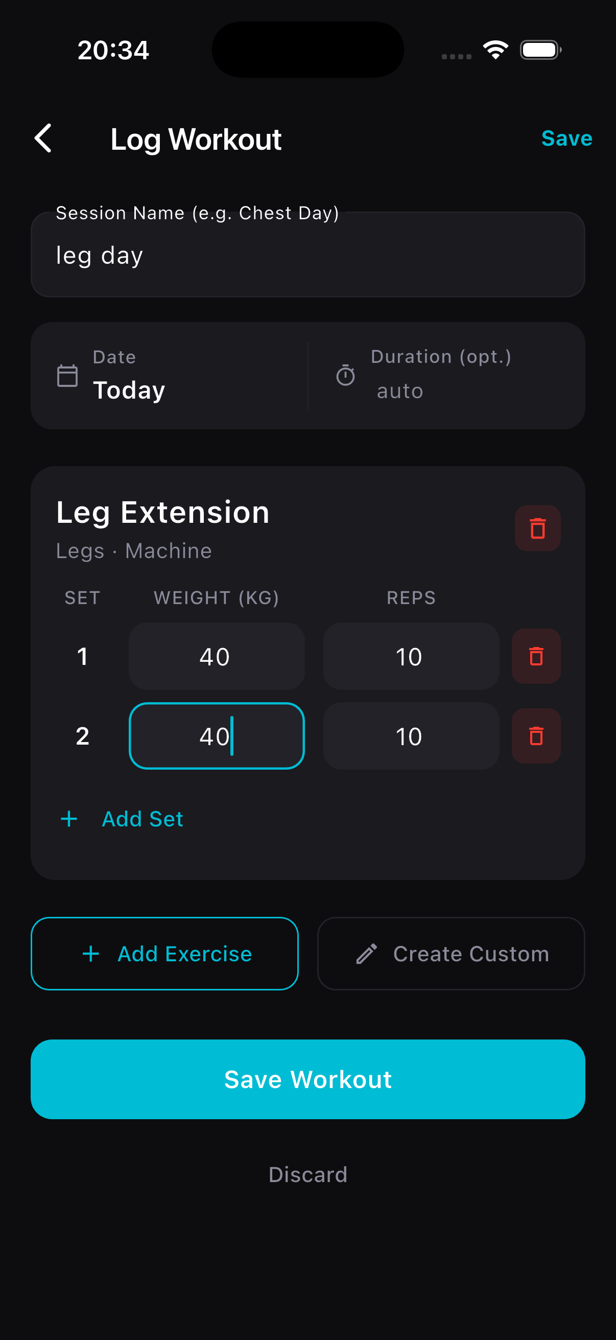 Log workout — sets, weight and reps input